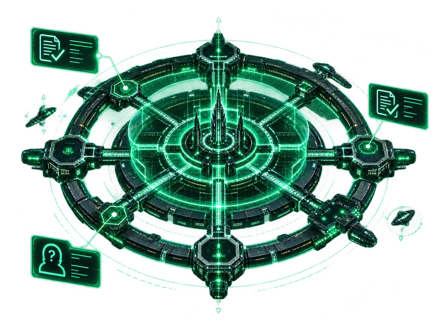 An orbital station connected to proof terminals